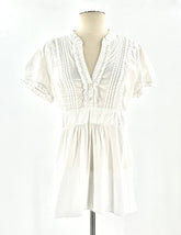 White Shirt Short Sleeve Top Size XL Belt Ruffled Front V-Neck Gathered Waist By Maurices - TheRealThreads